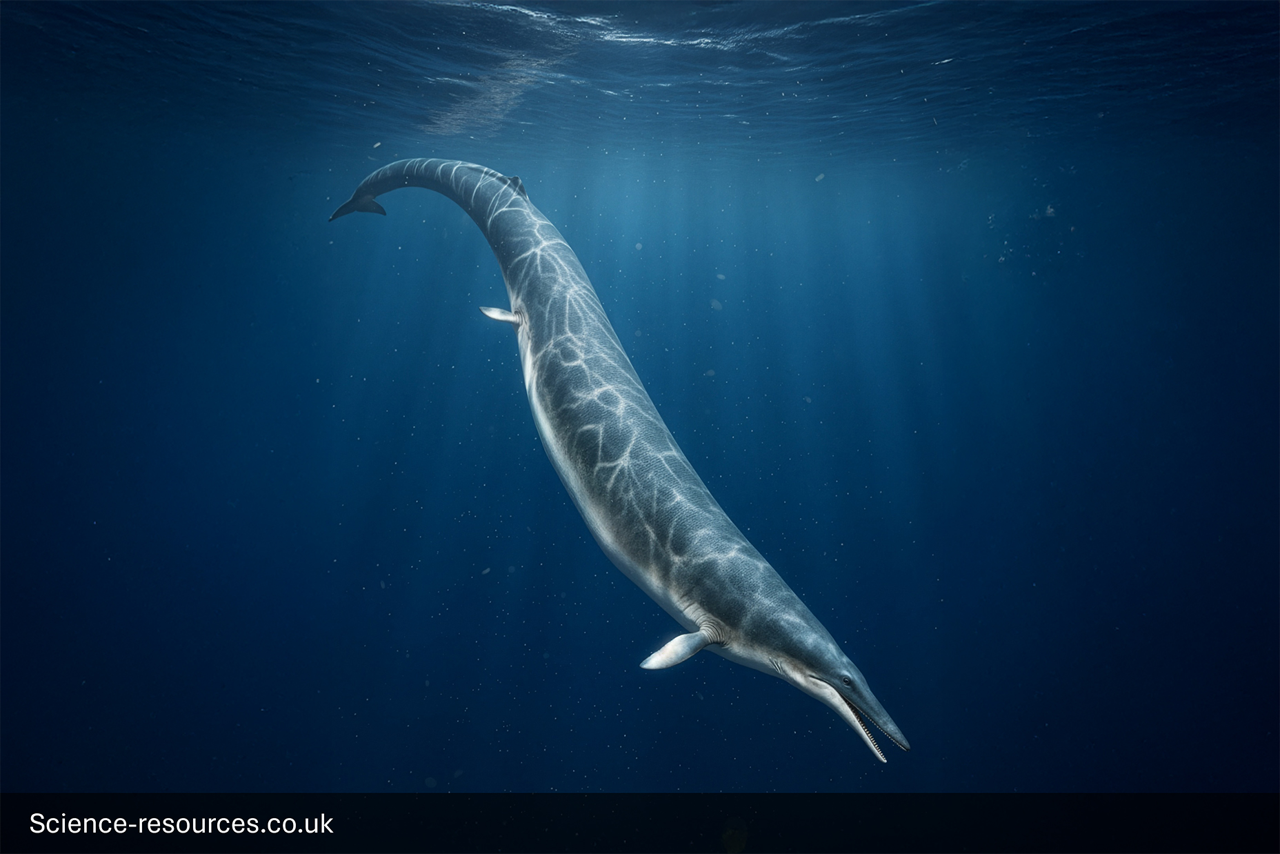 A dark, photorealistic computer-generated image of the extinct primitive whale, Basilosaurus, swimming beneath the surface of a deep blue ocean. The long, serpent-like marine mammal has a slender body and a small head. The water is dark, with subtle rays of light filtering down from the rippling surface above.
