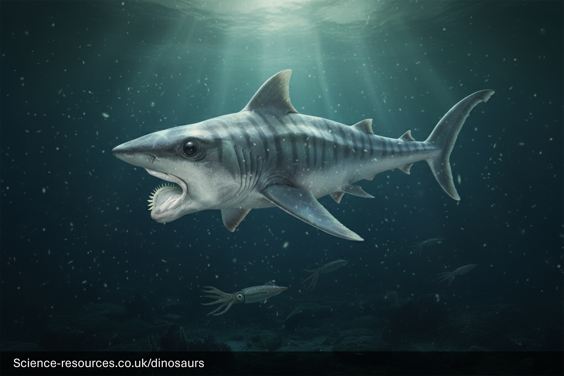 A menacing, photorealistic computer-generated image of the prehistoric shark-like fish, Helicoprion, swimming in deep blue water. The animal is dark gray and is shown with its mouth slightly open, revealing its distinctive lower jaw which consists of a spiraling, whorl-like structure of teeth. Two small squid-like creatures swim below it in the foreground.