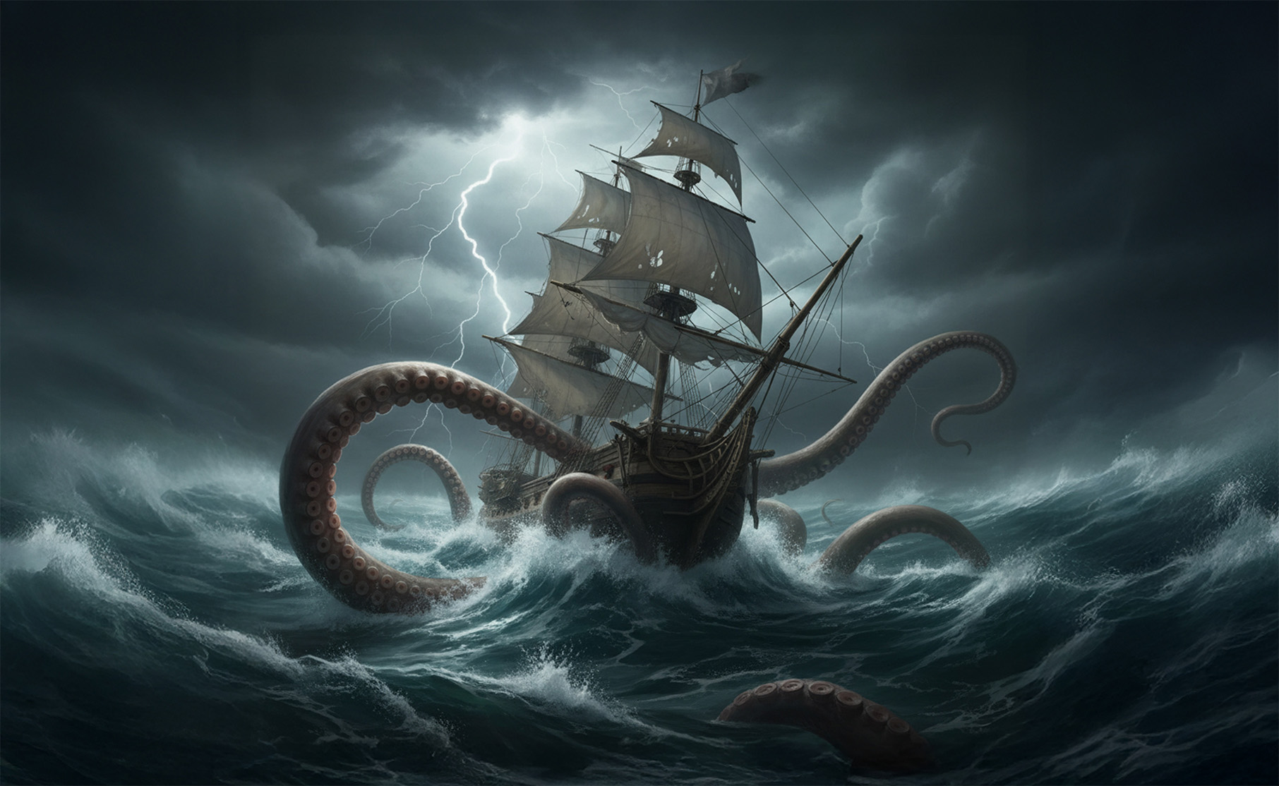 A dramatic digital illustration of a large sailing ship caught in a violent storm at sea. Lightning bolts illuminate the dark, cloudy sky as towering waves crash around the vessel. A giant sea creature, resembling a kraken or octopus, emerges from the water, its massive tentacles wrapping around the ship in a fierce attack. The scene is chaotic and intense, blending elements of nature and mythology.