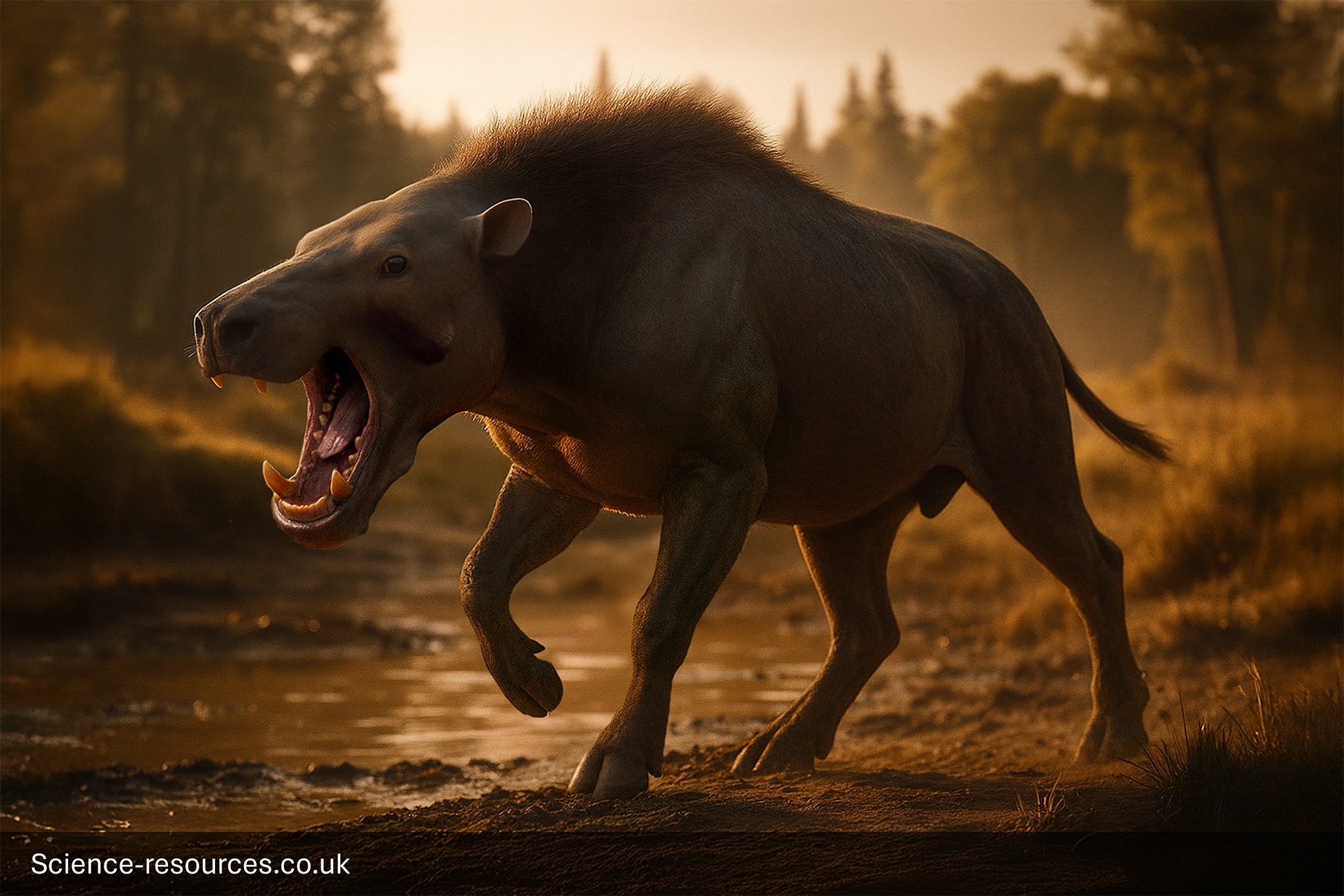 A menacing, photorealistic computer-generated image of a Daeodon (or Entelodont), a massive prehistoric hog-like mammal, standing in a dark, mossy forest clearing. The creature is dark brown with a massive head, tusks, and its mouth wide open in an aggressive display, revealing large teeth. It stands on a damp forest floor covered in ferns, with dense, tall trees surrounding it under dappled light.