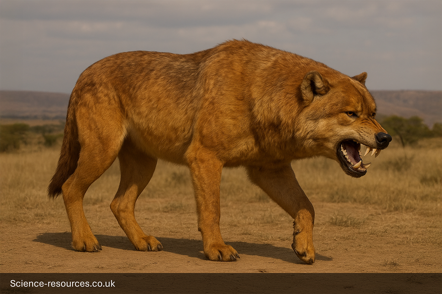 A photorealistic computer-generated image of the Ice Age Dire Wolf.