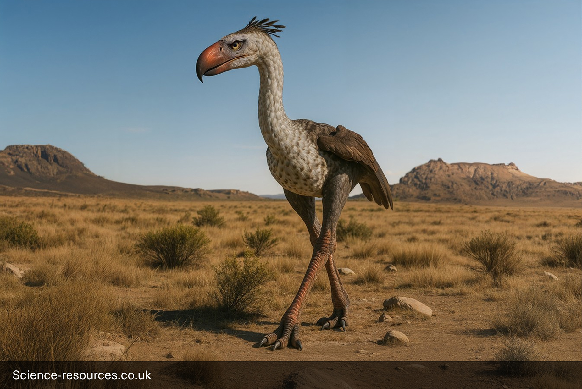 A photorealistic computer-generated image of a massive, extinct, flightless 'terror bird,' Phorusrhacos, standing in a dry, open savanna or grassland. The bird has a long neck covered in white and speckled feathers, a hooked orange beak, small feathered wings, and powerful, long legs. The background features arid, brown terrain with scattered brush and rugged, flat-topped mesa-like hills under a bright blue sky.